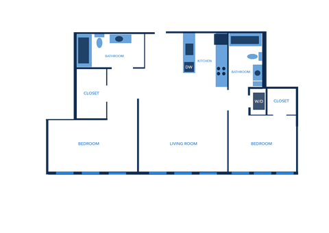 Floor plan for 2 beds, 2 baths, 1001 sqft